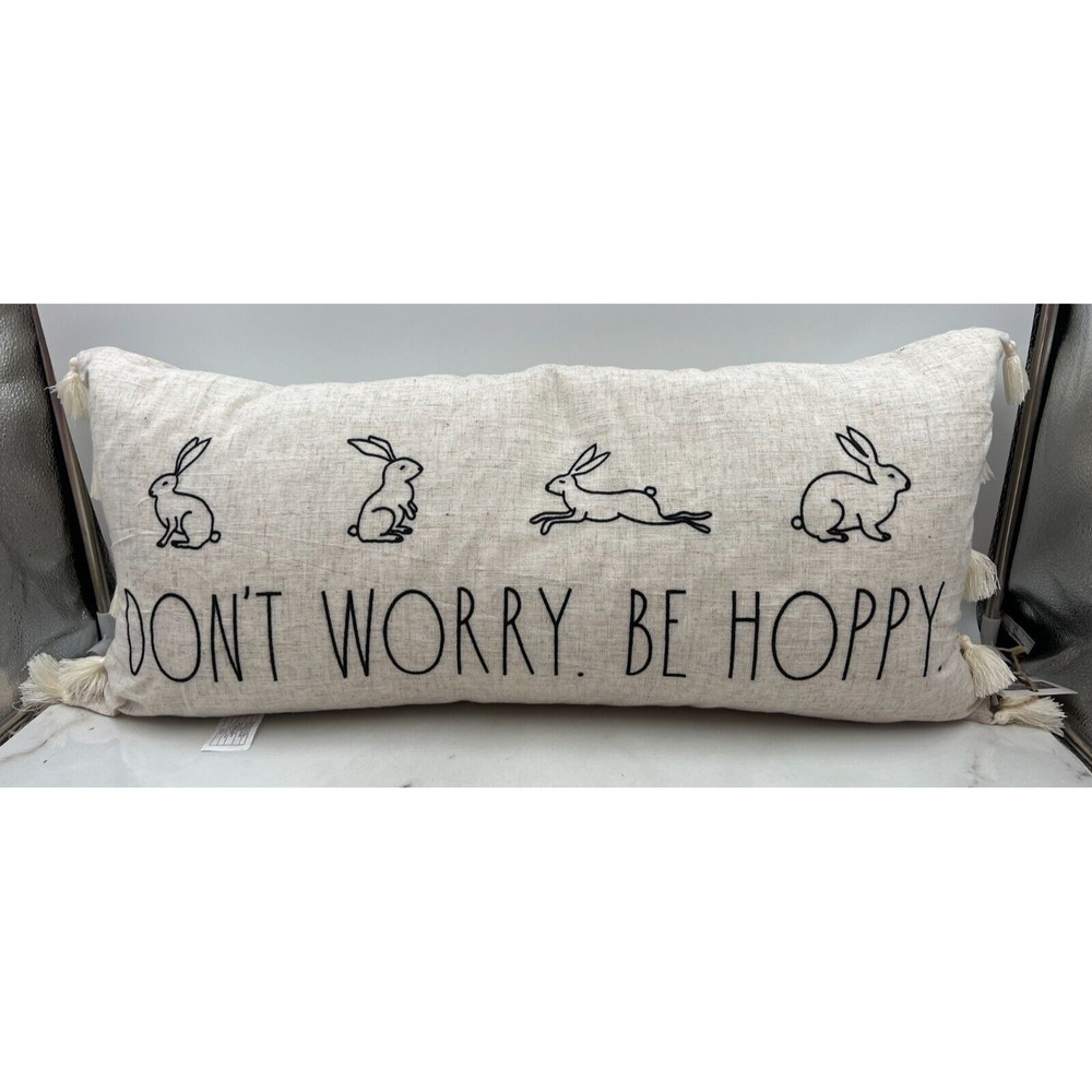 Rae Dunn Lumbar Pillow Dont Worry Be Hoppy Rabbit Tassels Feather Fill 24x10